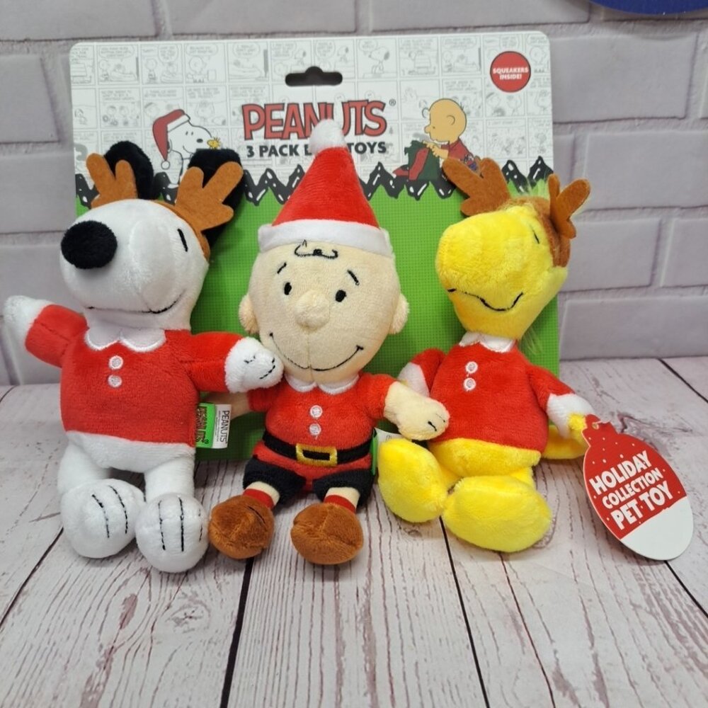 3pc Peanuts Snoopy, Charley, Woodstock Dog Toy Christmas Plush Squeaks